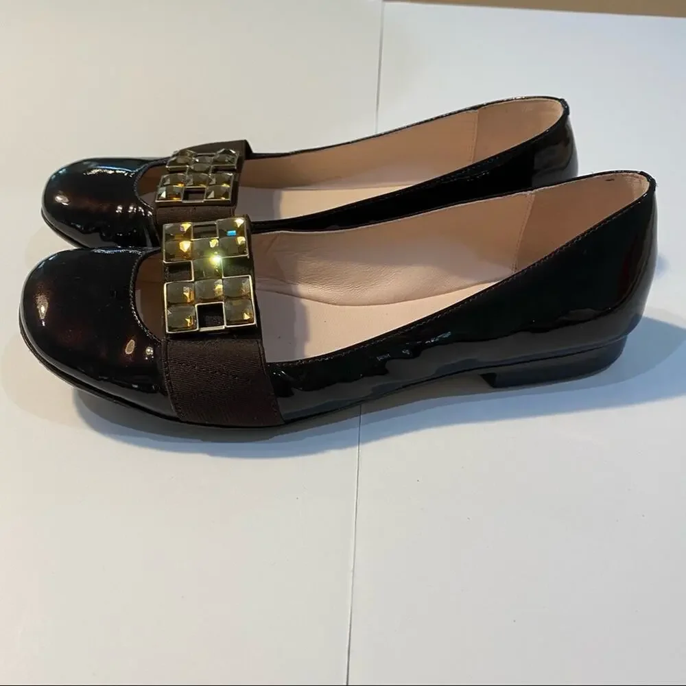Taryn Rose Womens Low Heel Black Patent Leather Flat bling front Size 6.5